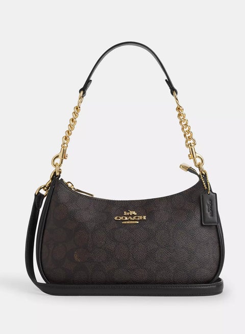 Coach Teri Women's Shoulder Bag In Signature Canvas, Women's Hand Bag, Women's Hobo Bag, Women's Tote Bag, Women's Travel Bag, Walnut- Black 24cm